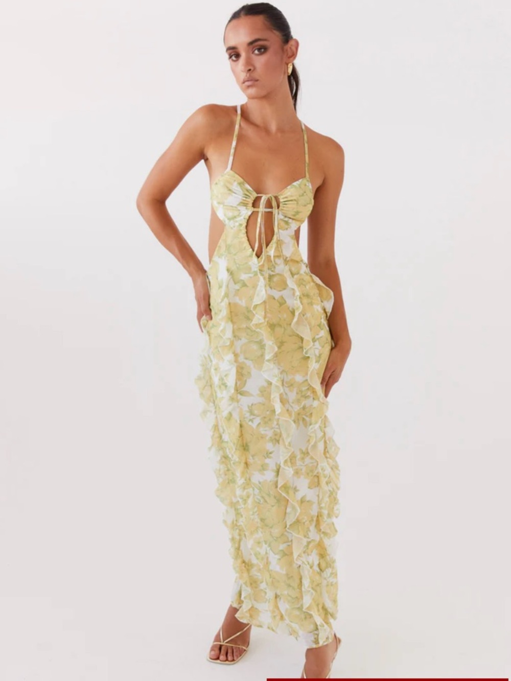 Peppermayo Yellow Floral Ruffle Cutout Maxi Dress
